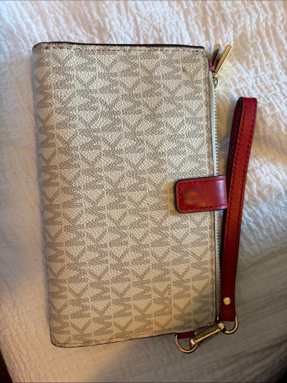Michael Kors Beige Printed Wristlet Clutch with Red Strap